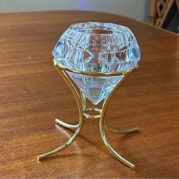 PARTYLITE Diamond Solitaire Shaped 24% Lead Crystal Candle Holder Gold Stand - Picture 2 of 10